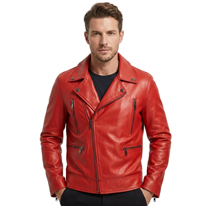 Chaqueta de Cuero Genuino Roja para Hombre, Estilo Motero con Cremallera Cruzada Asimétrica, Cuello Solapa, Personalizada, Clásica, Cálida para Invierno - Product Image 1