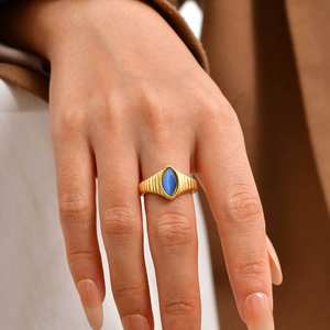 2025 European American Simple Women's Stainless Steel 18K Gold Plated Marquise Cat's Eye Stone <strong>Opal</strong> Band <strong>Ring</strong> - Product Image 1
