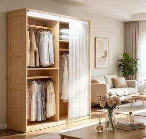 Armoire ouverte en chêne naturel de qualité supérieure avec porte à rideau et éclairage LED, organisateur de vêtements suspendus moderne et minimaliste pour chambre à coucher - Product Image 6