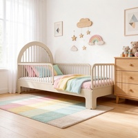 Cama Infantil de Madera Maciza de Estilo Escandinavo con Cabecera Tapizada y Barandillas de Seguridad, Muebles para Guardería