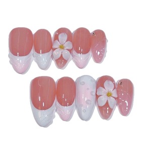 Hecho a mano 10 piezas ABS cubierta completa prensa-en <span class=keywords><strong>uñas</strong></span> postizas forma de almendra 3D flor gradiente prediseñado personalizado flor tallado dedos - Product Image 4
