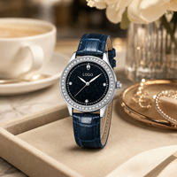 Jam Tangan Wanita Midnight Star 36mm Alloy Quartz Bertabur Berlian Tali Kulit Jarum Bercahaya Tahan Air 30M Grosir
