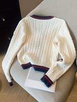 Pull-over élégant pour femme, style preppy universitaire, col en V, en acrylique, manches longues, style anglais