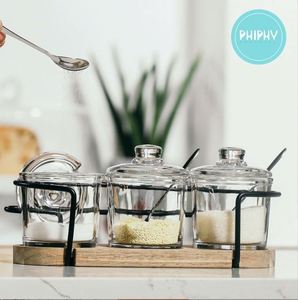 <span class=keywords><strong>Set</strong></span> classico di zuccheriere in vetro trasparente con coperchio per servire cucchiaio di sale vaso di pepe contenitore per Dispenser di condimenti - Product Image 6