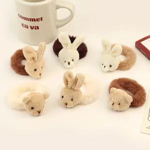 Veijer coreano lindo conejo de dibujos animados oso mullido pelo anillo imitación conejo pelo cuerda accesorios para el cabello