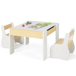 Set Tavolo e Sedie 3 in 1 per <span class=keywords><strong>Bambini</strong></span>, Tavolo in <span class=keywords><strong>Legno</strong></span> con Piano Rimovibile, Lavagna e Vano Portaoggetti per Giochi e Disegno - Product Image 1