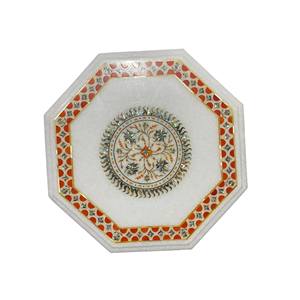 Table d'appoint moderne en marbre blanc avec incrustation de nacre rose à motif floral, fabrication artisanale, fournisseur direct de meubles, vente en gros - Product Image 1