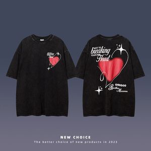 เสื้อยืดคอกลมของผู้ชายลาย2023ซักกรดโอเวอร์ไซส์แนววินเทจผ้าถักลายตัวอักษรรักดีไซน์ใหม่ - Product Image 2