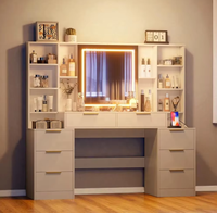 Coiffeuse en chêne sur mesure, robuste, avec miroir et éclairage, 8 tiroirs, étagères ouvertes et LED réglables pour chambre à coucher
