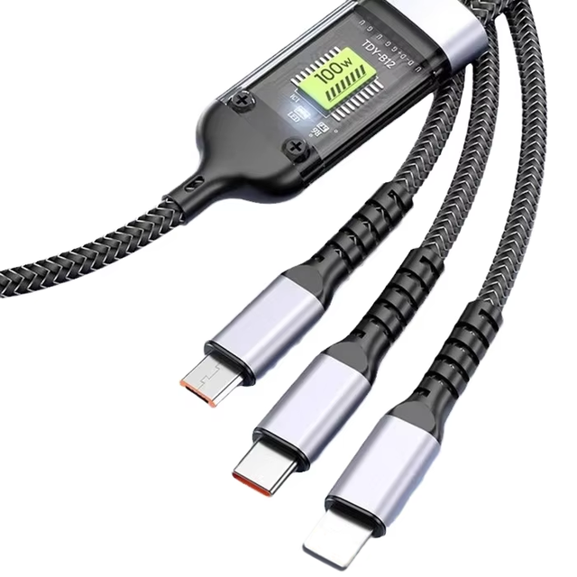 Top Selling 100W High Power 3 in 1 Data Cable Durable Nylon Jacket with Braid Shielding Fast Charging for Most Mobile Phones