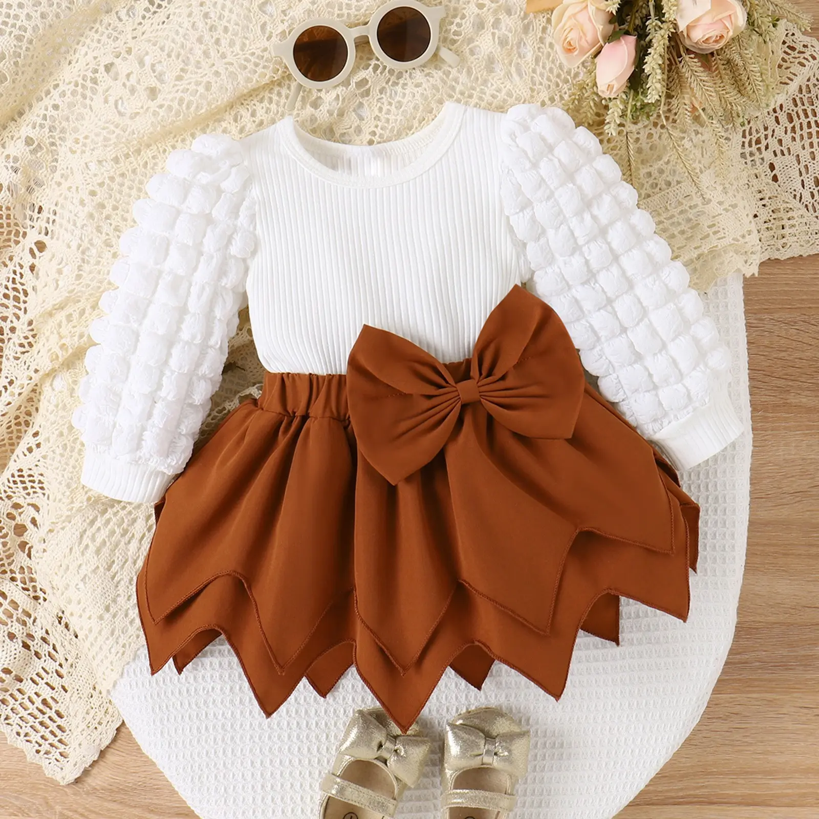 Sunny Baby Girls 0-2T Autumn And Winter Puffed Sleeve Top + Solid Color Bow Irregular Skirt 2 Pieces Set Baby Girl Set Clothes