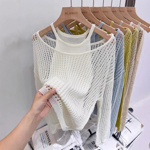 Ensemble de gilets en tricot ajouré pour femmes, haut amincissant à coupe ample, couleur unie, pull en polyester, ZY49 - Product Image 2