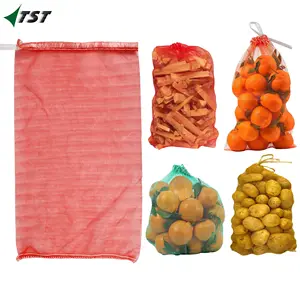 2024 plastic mesh bag with drawstring and logo mesh for bags sack for packing green beans and yellow potatoes with black labels