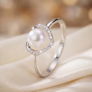 S925 Silver Heart Shape Freshwater Pearl <b>Ring</b> <b>CZ</b> Outline Hollow Romantic Dainty Pearl Jewelry for Women Valentine Gift - Product Image 3