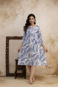 Women Cotton Cambric Round Neck V Slit Midi <b>Dress</b> Casual Summer <b>A</b>-<b>Line</b> Printed Midi <b>Dress</b> Breathable Comfortable Daily Wear - Product Image 3