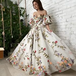 <span class=keywords><strong>Vestido</strong></span> Maxi de <span class=keywords><strong>Fiesta</strong></span> con Bordado Floral 3D, Escote Bajo, <span class=keywords><strong>Manga</strong></span> Linterna, Abertura Alta, Ecológico, Transpirable, Antiarrugas, ODM - Product Image 4