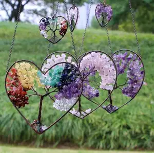 7 Chakra Pierres Guérison Double Coeur Arbre de Vie Tenture Murale Décoration Reiki Yoga Méditation Grand Arbre de Vie Fenêtre Suspendue