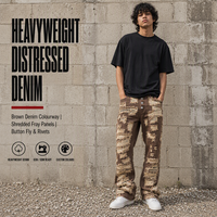 Jean en denim marron délavé personnalisé 420 g/m² avec panneaux effilochés, doublure en sergé pâle, fermeture boutonnée, rivets, pantalon en denim streetwear OEM ODM