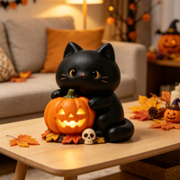 Figurine de chat noir en polyrésine, lumineuse, de style dessin animé, avec citrouille, faite à la main et peinte à la main, décoration de table pour Halloween