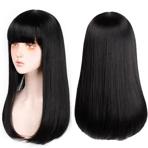 Vigorous 24" Long Straight Wig with Bangs Heat Resistant Synthetic Hair Wigs for White Black Women Cosplay