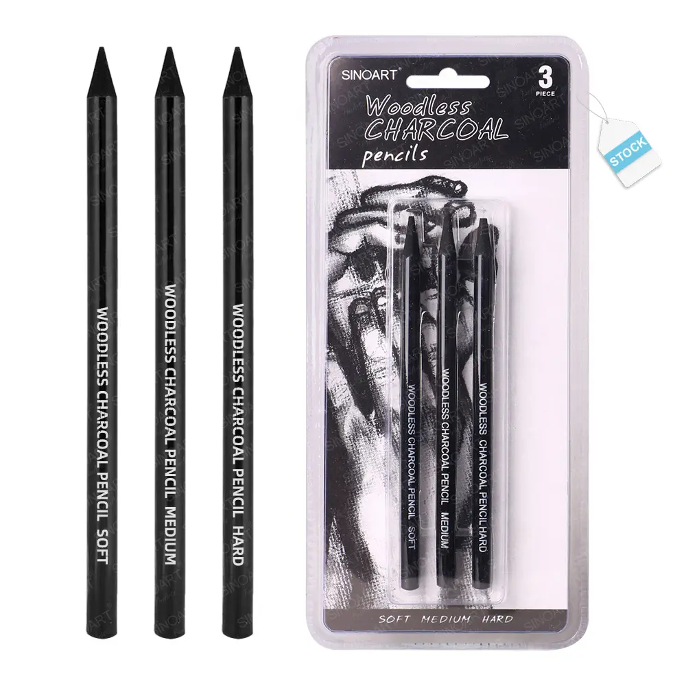 SINOART Woodless Charcoal Pencils Set - Non-Wood Charcoal Sketching - Aircraft Blister Pack - In Stock - 3pcs/set (H, M, S)