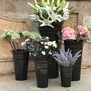 Baldes grandes prateados pretos para flores de casamento, vaso de metal galvanizado, decoração de formatura, baldes para flores cortadas com alça