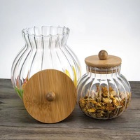 Pot de rangement en verre cristal rayé de style japonais, boîte hermétique de cuisine avec couvercle en bambou pour collations, noix et céréales.