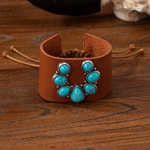 Brazalete de Aleación de Cobre Genuino con Turquesa, Estilo Vaquero Occidental Vintage, Cadena Ajustable Deslizante, Joyería Unisex para Fiestas - Product Image 2