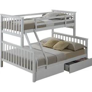Furnitur kamar tidur desain kontemporer tempat tidur susun kayu Solid dengan laci dan tangga tempat tidur tiga tingkat untuk anak-anak dan dewasa
