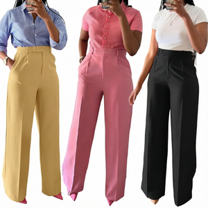 High Waist Wide Leg <b>Trousers</b> Solid Color Straight <b>Pants</b> <b>Women</b> <b>Trousers</b> - Product Image 1