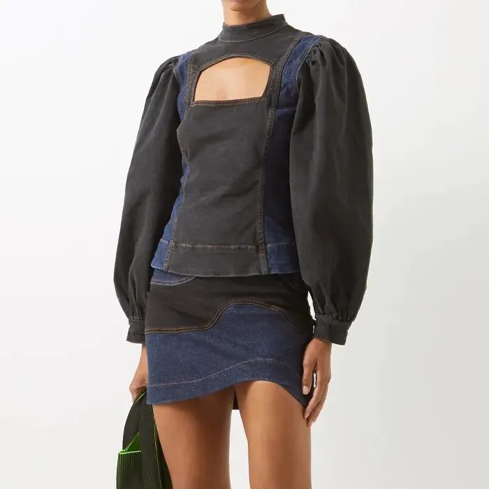 Sale Long Puff Sleeve Neck Back Zipper Contrast Paneled Cutout Denim Blouse For Sexy Women