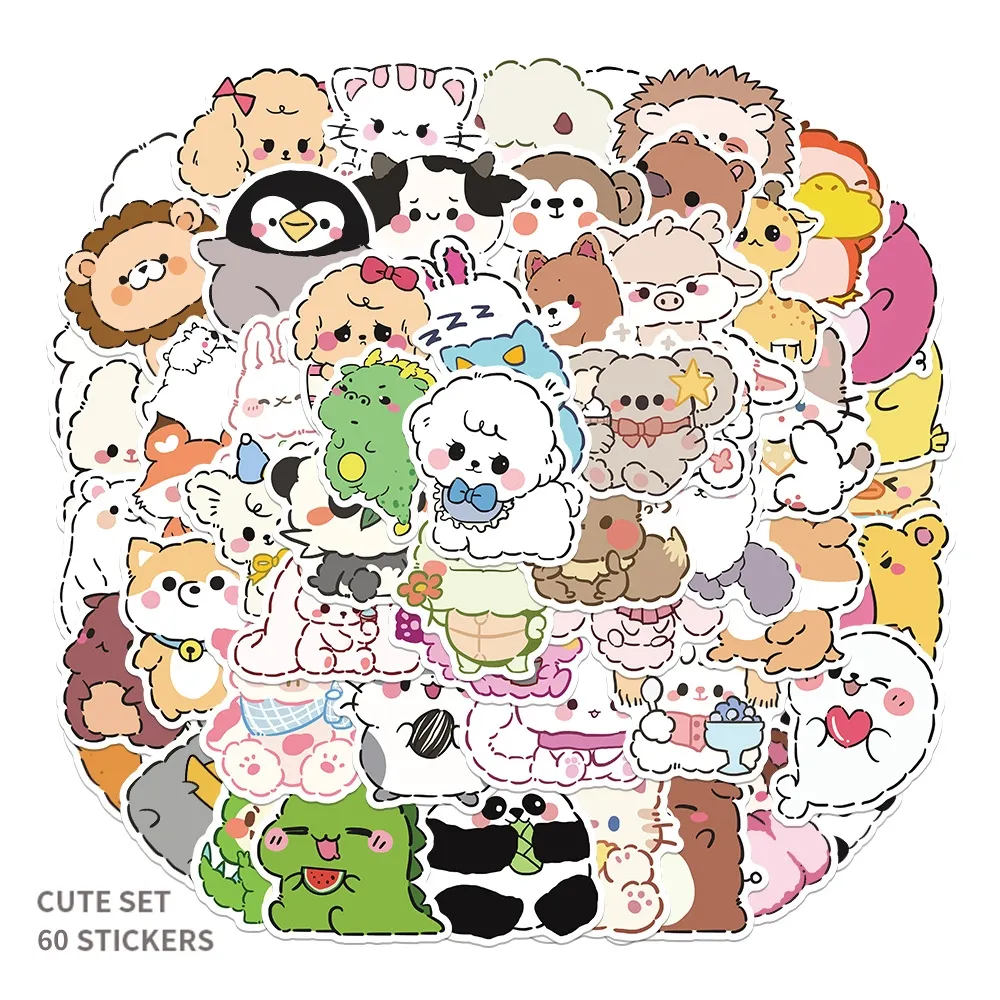 60pcs new cute cartoon stickers small animals children's reward stickers decorative water cup guitar waterproof stickers