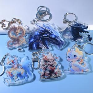 HanXin acrílico encantos llavero personalizado brillo epoxi cristal corte forma Anime pequeño Fesh acrílico llavero con holograma