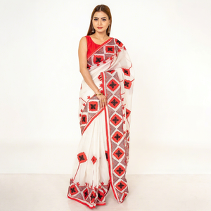 Sari Tradicional Indio de Algodón, Rojo y Negro con Estampado Geométrico, Largo hasta el Suelo, para Bodas, Estilo Bollywood, Elástico - Product Image 1