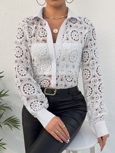 Bestseller 2024 Frühling Sommer Damen Spitzen-V-Ausschnitt-Blusen Ausgehöhlte Langarm-Damenbluse - Product Image 2