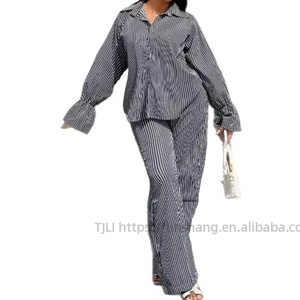 Women's Striped Button-<b>Down</b> Bell-Sleeve Long-Sleeve Shirt & Wide-Leg <b>Pants</b> African Casual 2-Piece Set Fashion - Product Image 1