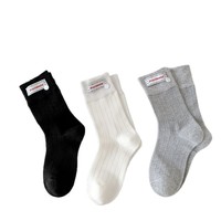 Chaussettes mi-mollet en coton sans couture, style coréen, grises, avec étiquette tissée, empilables, pour femme, printemps-été, décontractées