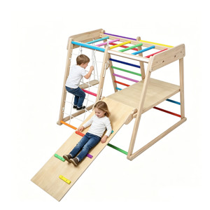 Structure d'escalade intérieure en bois Montessori pour enfants, grande structure d'escalade en bambou avec toboggan et barres de grimpe pour salle de jeux à domicile - Product Image 1