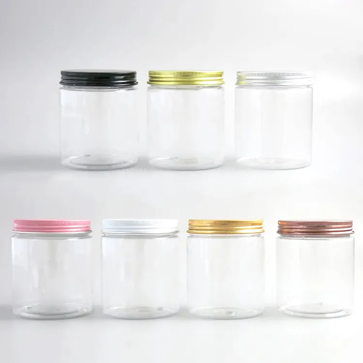 Frasco vacío transparente de vidrio para almacenamiento de alimentos, tarro de vidrio con tapa de aluminio colorida, 4oz, 6oz, 8oz, 16oz