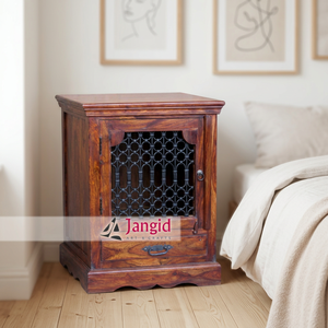 Table de chevet de style vintage en bois et fer avec motif Jali découpé, 1 porte et tiroir de rangement, petite boîte de rangement pour chambre à coucher - Product Image 1
