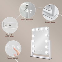 Sans fil 360 °   Miroir de maquillage portable Flip Holly Wood avec 12 LED, rechargeable par Type-C, avec/sans Bluetooth, gain de place