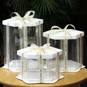 Wholesale Bakery Clear Tall 6/8/10/12 Inch White Black Pink High Quality Packaging PET Hexagon Transparent Cake Box