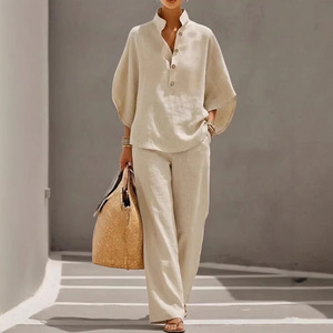 Women's <b>Linen</b> Shirt <b>Set</b> Solid Color Casual Suit SMLXLXXLXXXL4XL5XL Stylish Commute Europe And America - Product Image 2
