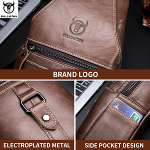 Bolso Bandolera de Cuero Genuino para Hombre BULLCAPTAIN, Logotipo Grabado, Cierre de Cremallera, Tamaño Pequeño, para Uso Diario, Bolso de Pecho, Bolso Mensajero - Product Image 4