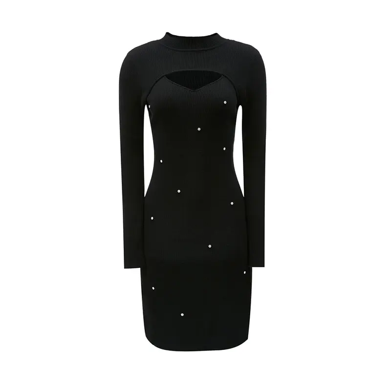 Wholesale fall and winter new hollow neckline with rhinestones black knitted Slim women's midi dress