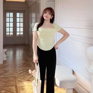 รันฉี N8427 เสื้อยืดแขนสั้นผู้หญิงคอเหลี่ยมถักสีทึบขนาดบวกทรงเข้ารูปสีเขียวสีดำสีฟ้า - Product Image 4