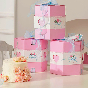 Boîte à gâteau en papier hexagonale rose romantique de 8 pouces, lot de 2, 8x8x8,5 pouces, porte-gâteaux/contenants pour gâteaux d'anniversaire, laminage mat, <span class=keywords><strong>sushi</strong></span> - Product Image 6
