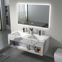 Meuble-lavabo mural moderne en marbre avec double vasque, double niveau et miroir intelligent rétroéclairé par LED – Offre spéciale