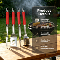 Ensemble de 4 ustensiles de barbecue en acier inoxydable avec poignées TPR rouges et étui de transport à fermeture éclair – Accessoires de barbecue d'extérieur