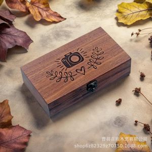 Wooden <b>Photo</b> <b>Storage</b> <b>Box</b> Rectangular Brown Engraved Camera Pattern With Lid And Compartments For Decorative <b>Storage</b> - Product Image 3